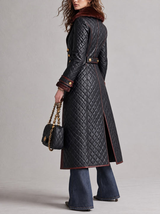 Women's Quilted Faux Leather Long Trench Coat with Faux Fur Collar