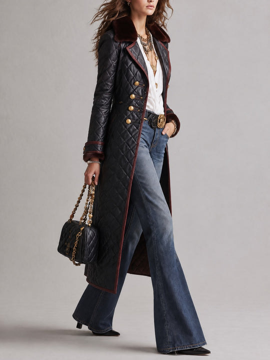 Women's Quilted Faux Leather Long Trench Coat with Faux Fur Collar