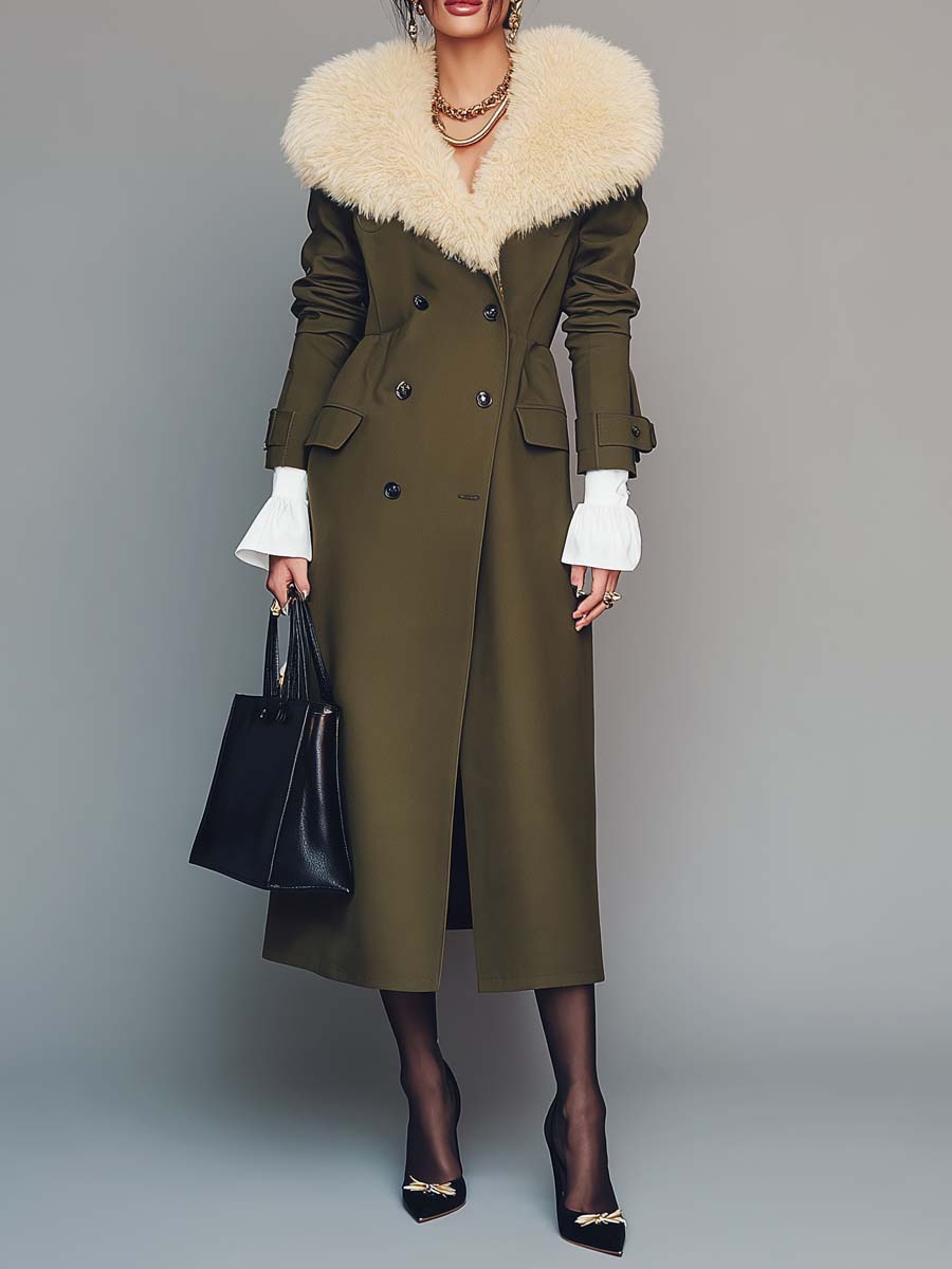 Vintage Olive Green Trench Coat With Detachable Fur Collar
