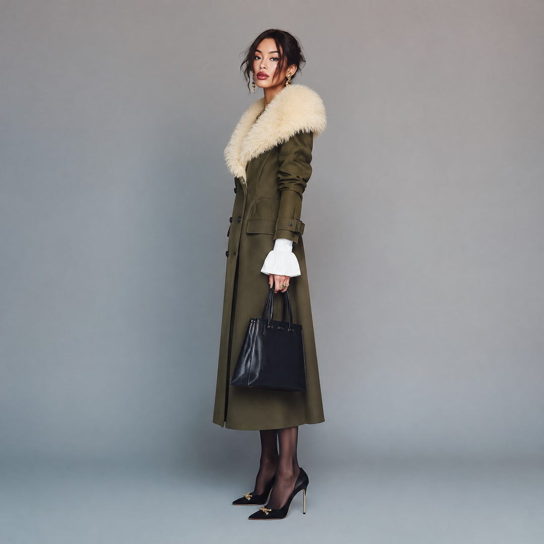 Vintage Olive Green Trench Coat With Detachable Fur Collar