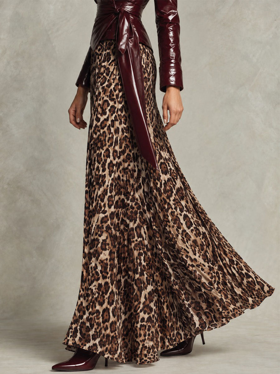 Retro Leopard Print Flowy Maxi Skirt