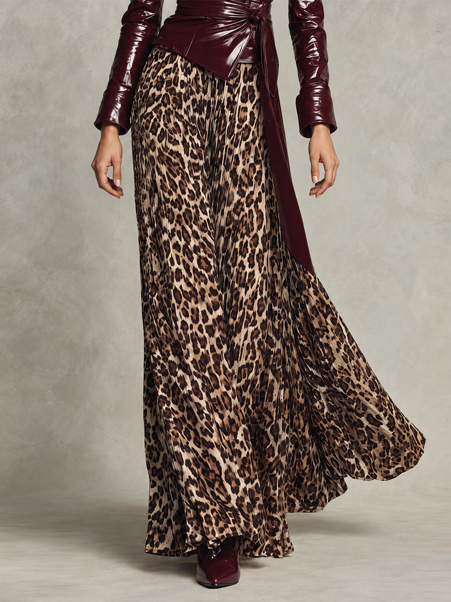 Retro Leopard Print Flowy Maxi Skirt