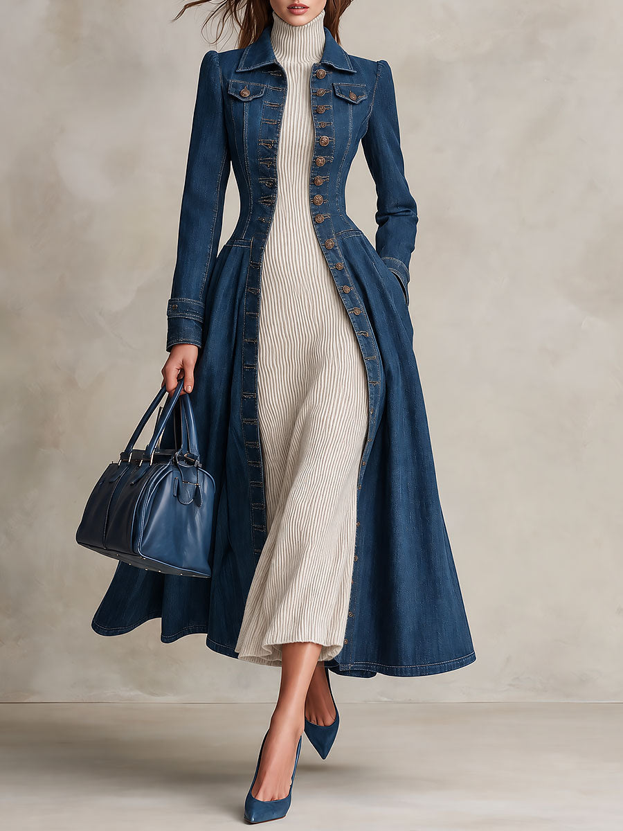 Retro Single-breasted Long Fitted Denim Trench Coat