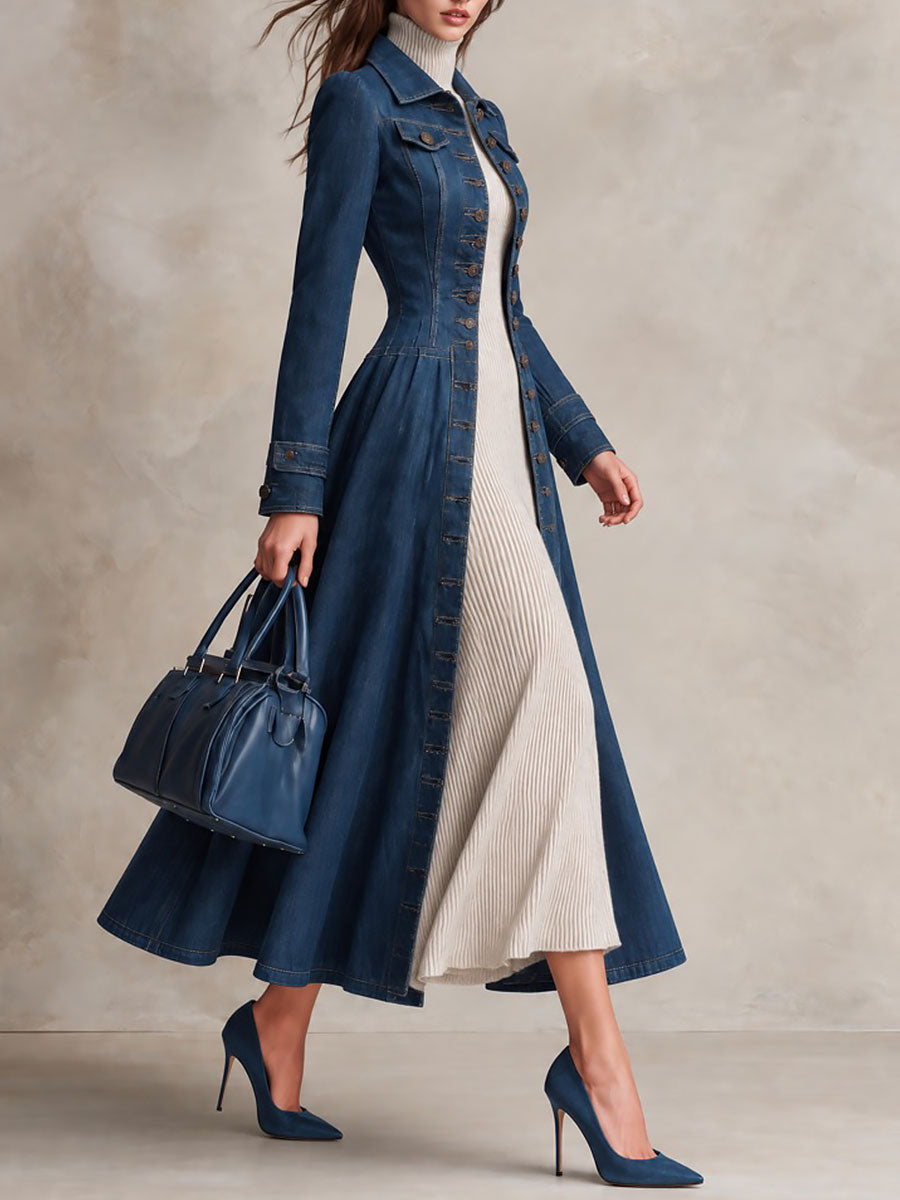 Retro Single-breasted Long Fitted Denim Trench Coat