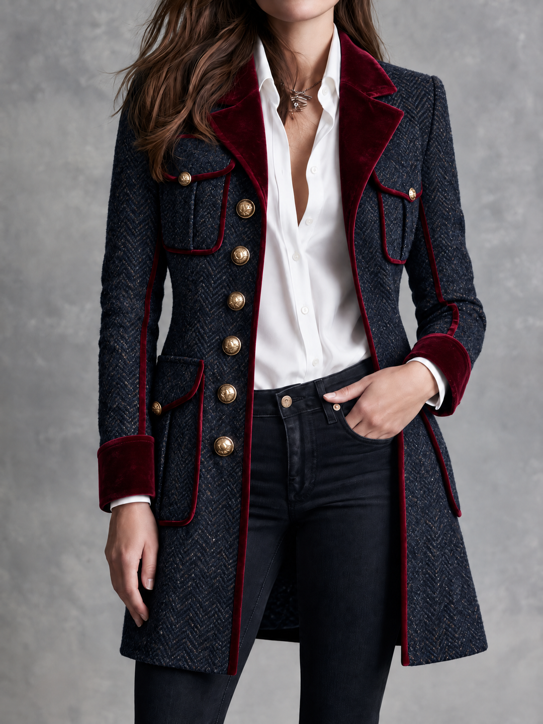 Vintage Navy Tweed Burgundy Velvet Piping Jacket With Buttons