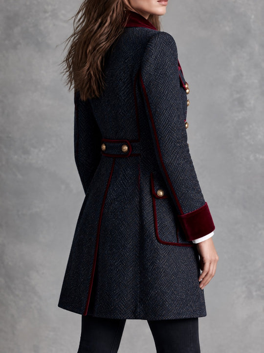Vintage Navy Tweed Burgundy Velvet Piping Jacket With Buttons