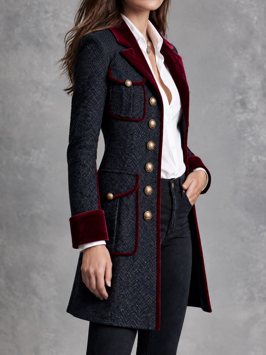 Vintage Navy Tweed Burgundy Velvet Piping Jacket With Buttons