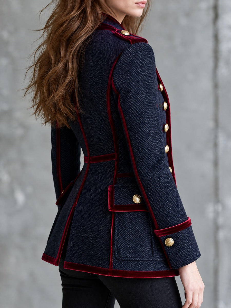 Women's Military Style Herringbone Wool Blazer with Velvet Trim