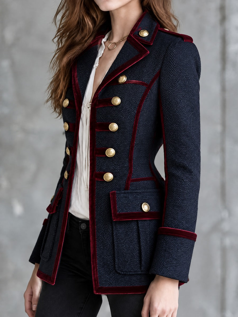 Women's Military Style Herringbone Wool Blazer with Velvet Trim