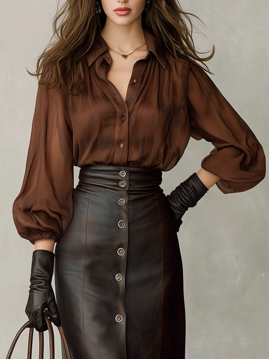 Refined Chocolate Brown Button Front Leather Midi Skirt Set
