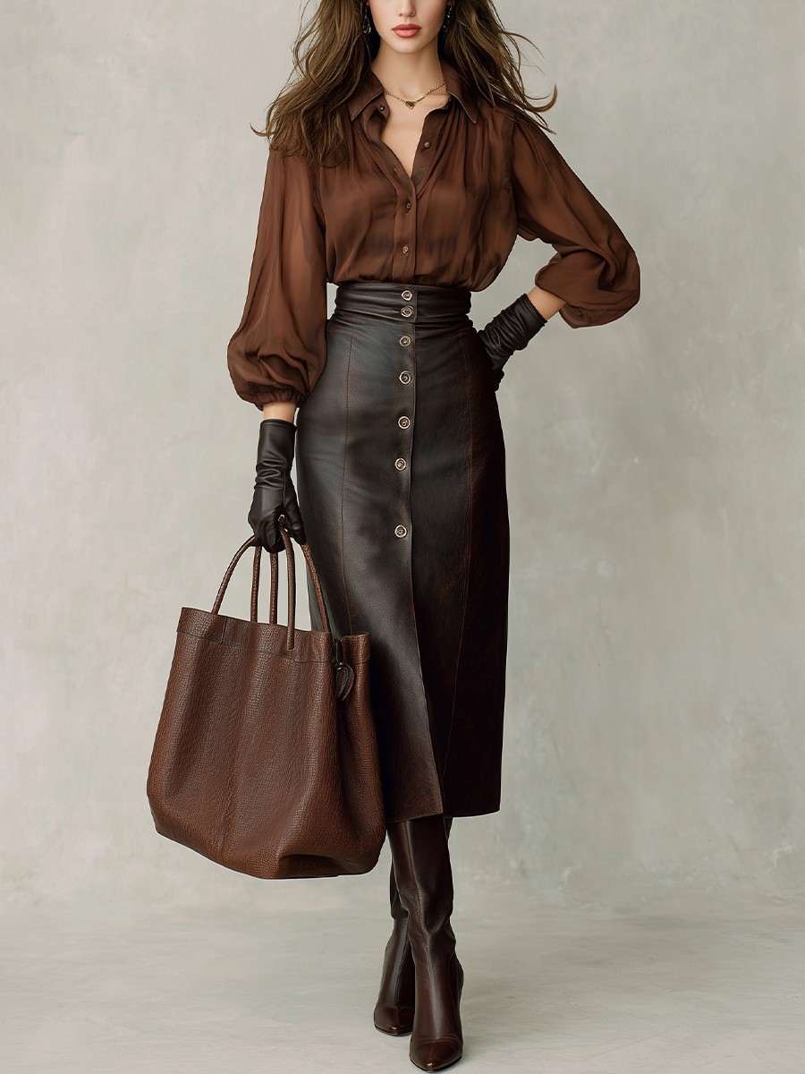 Refined Chocolate Brown Button Front Leather Midi Skirt Set