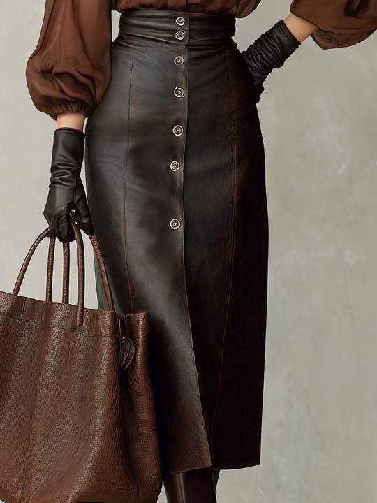 Refined Chocolate Brown Button Front Leather Midi Skirt Set