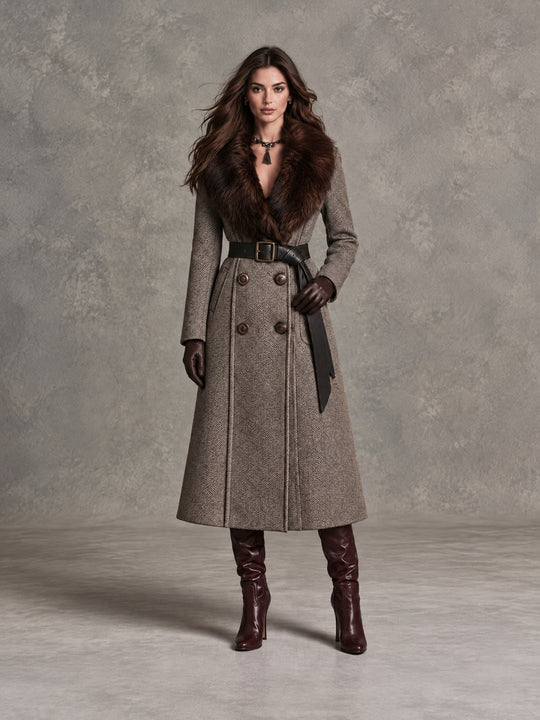 Vintage Herringbone Wool Long Coat With Faux Fur Collar And Belt