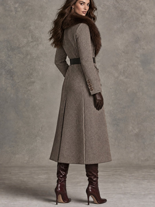 Vintage Herringbone Wool Long Coat With Faux Fur Collar And Belt