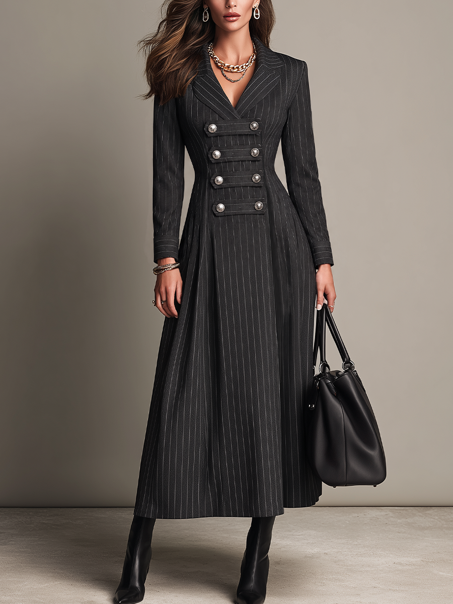 Tailored Charcoal Pinstripe Military Maxi Dress