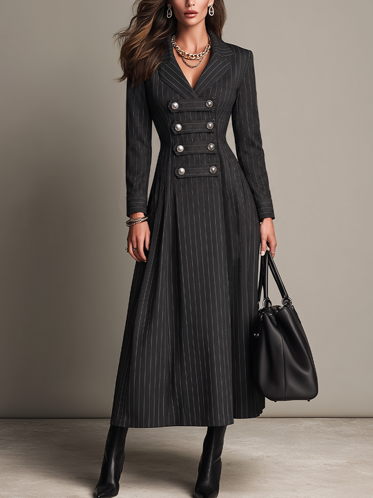 Tailored Charcoal Pinstripe Military Maxi Dress