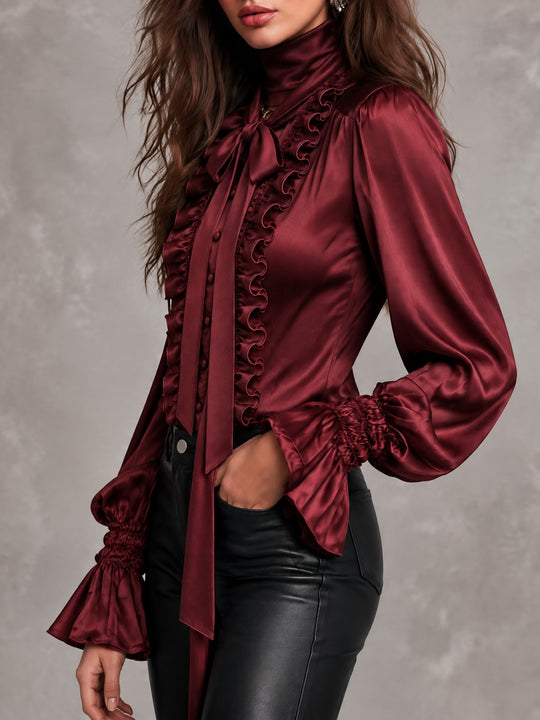 Women's Satin Bow Tie Neck Ruffle Trim Blouse with Bishop Sleeves