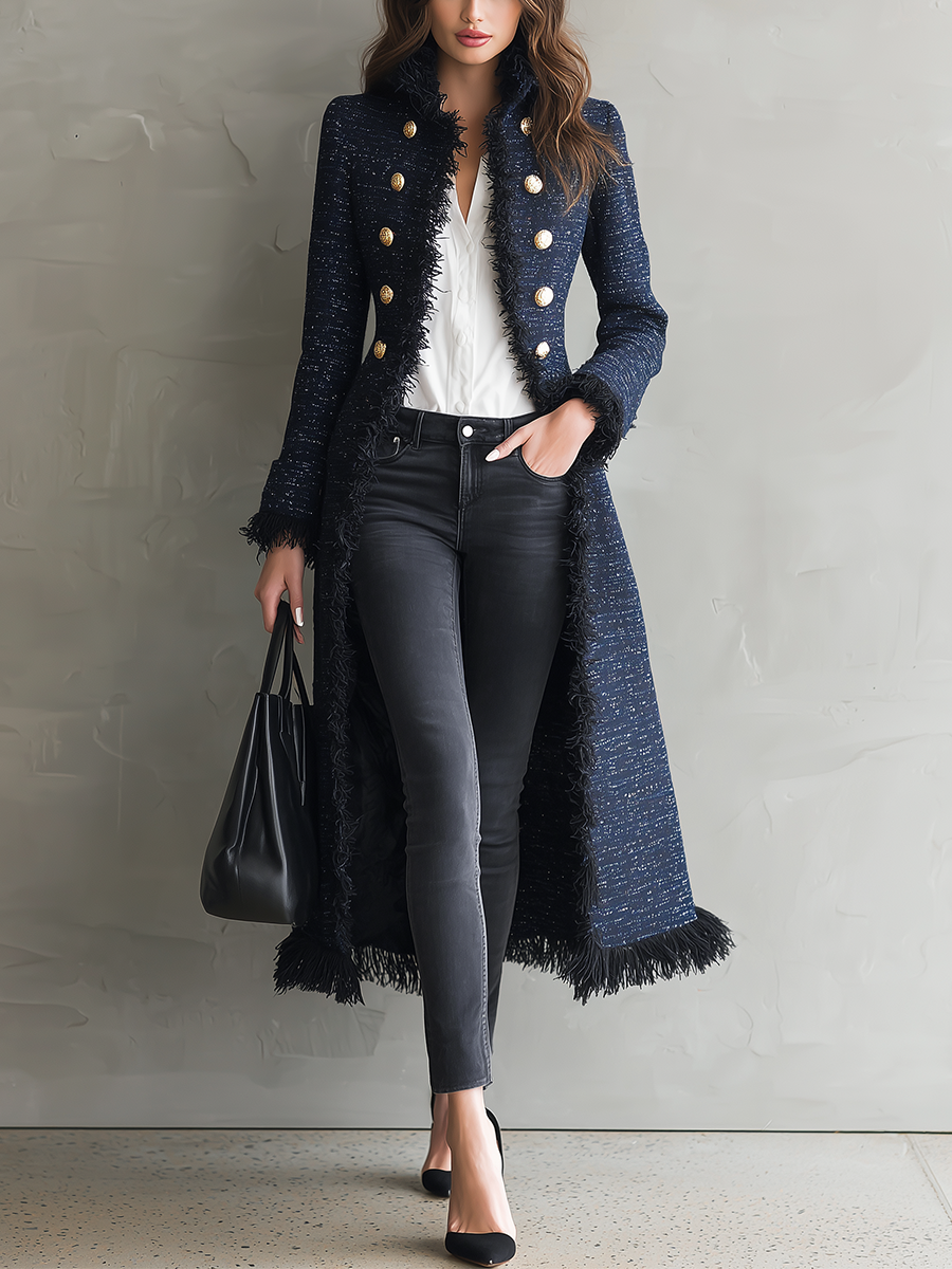 Elegant Navy Fringe Trim Tweed Maxi Coat