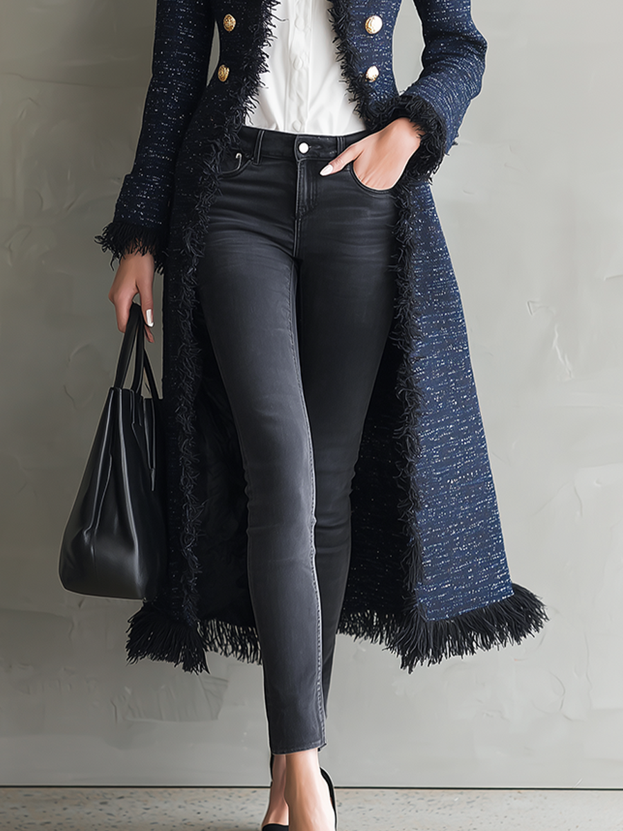 Elegant Navy Fringe Trim Tweed Maxi Coat