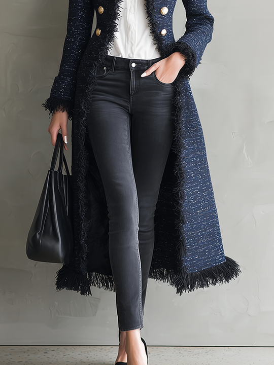 Elegant Navy Fringe Trim Tweed Maxi Coat