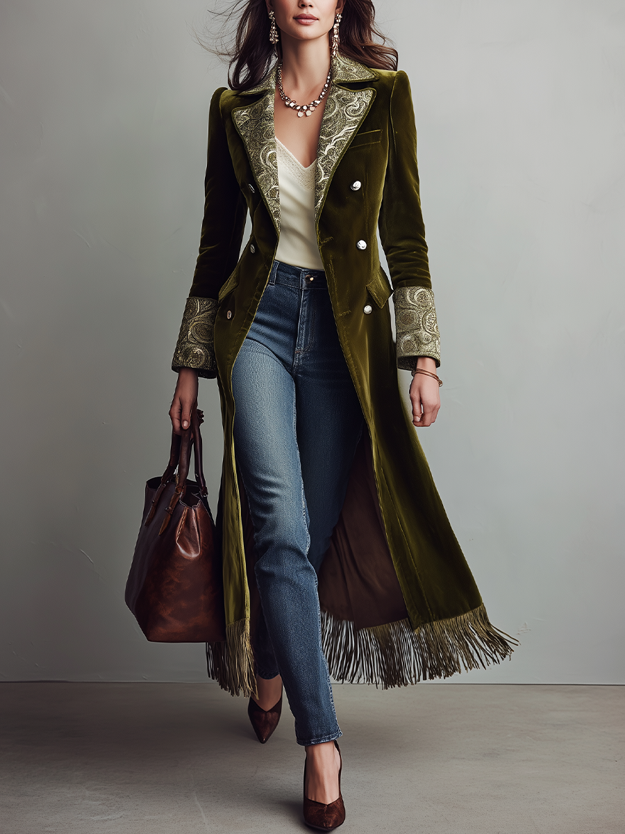 Vintage Olive Paisley Trim Velvet Maxi Coat