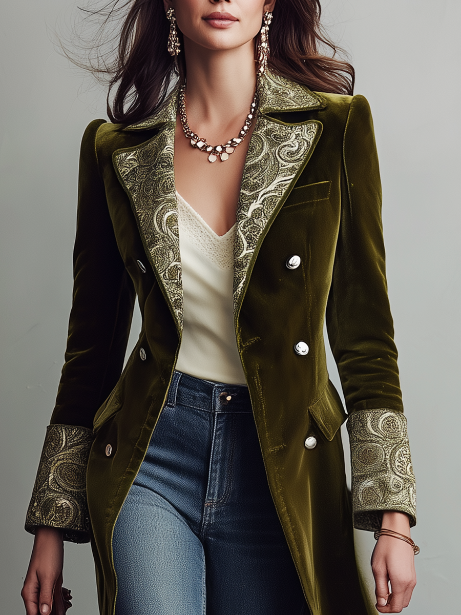 Vintage Olive Paisley Trim Velvet Maxi Coat