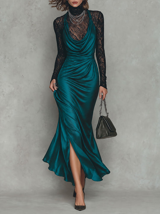 Sheer Lace Top & Satin Cowl Neck Slit Maxi Dress Set