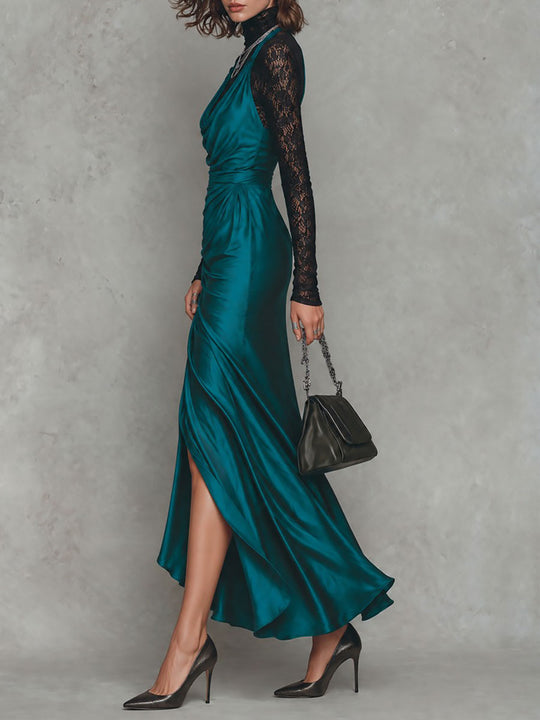 Sheer Lace Top & Satin Cowl Neck Slit Maxi Dress Set