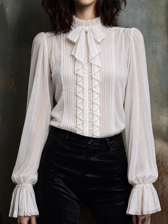 Women's Sheer Chiffon Blouse with Bow Tie Neck and Ruffled Bishop Sleeves