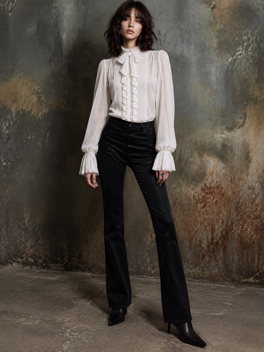 Women's Sheer Chiffon Blouse with Bow Tie Neck and Ruffled Bishop Sleeves