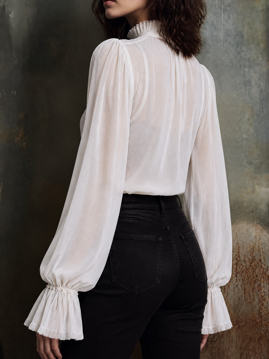Women's Sheer Chiffon Blouse with Bow Tie Neck and Ruffled Bishop Sleeves