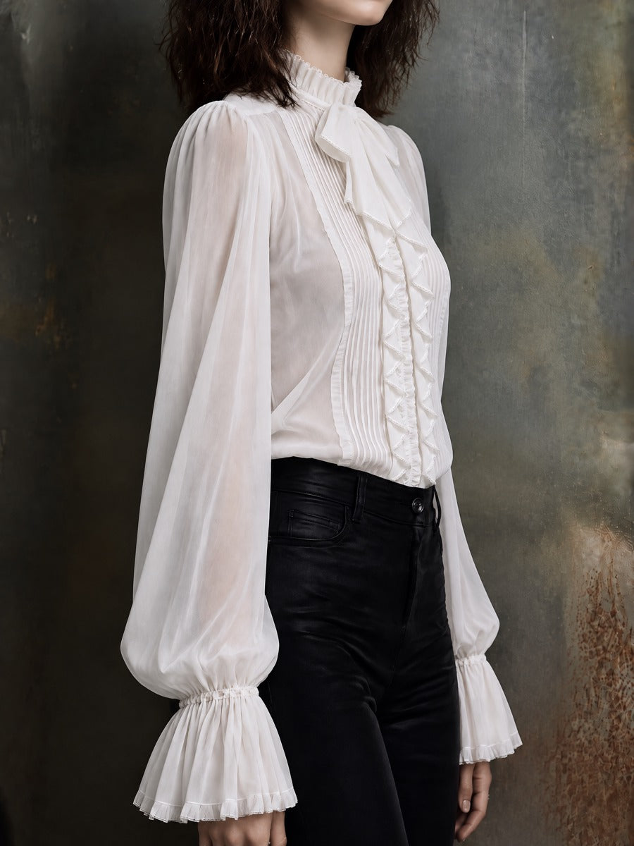 Women's Sheer Chiffon Blouse with Bow Tie Neck and Ruffled Bishop Sleeves