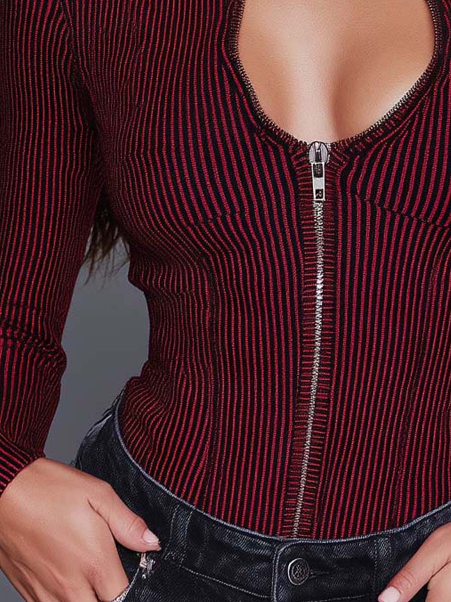 Vintage-style Burgundy Striped Ribbed Knit Top