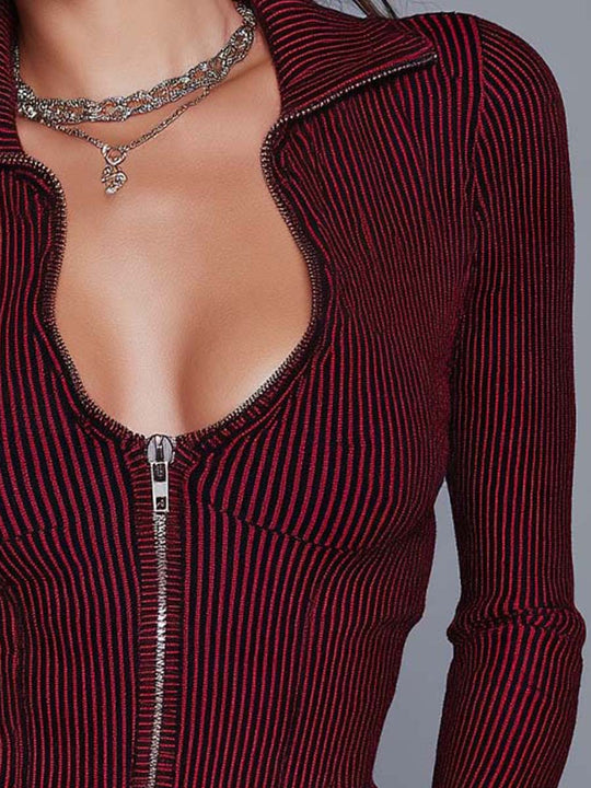 Vintage-style Burgundy Striped Ribbed Knit Top