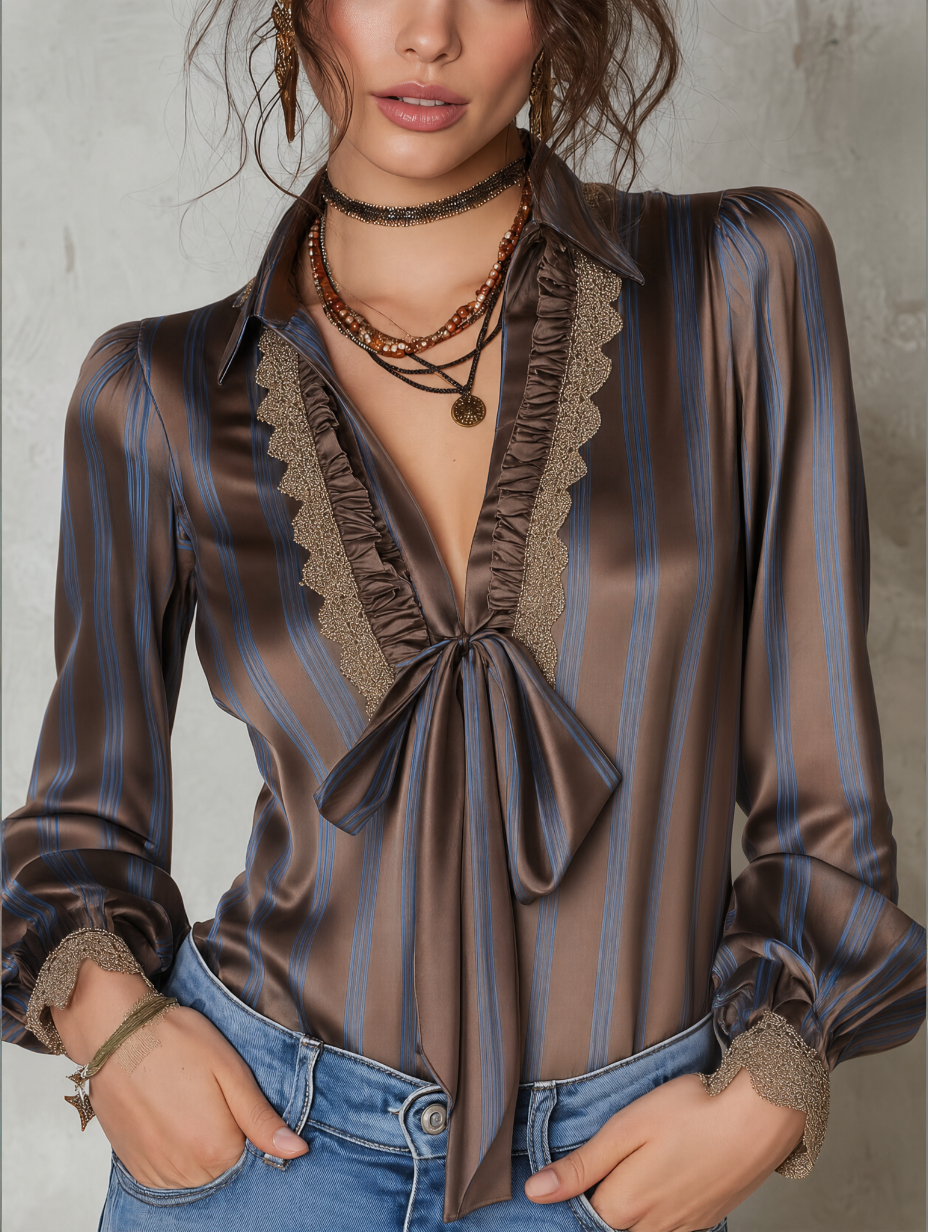 Women's Striped Blouse With Tie Neck Ruffle Lace Trim
