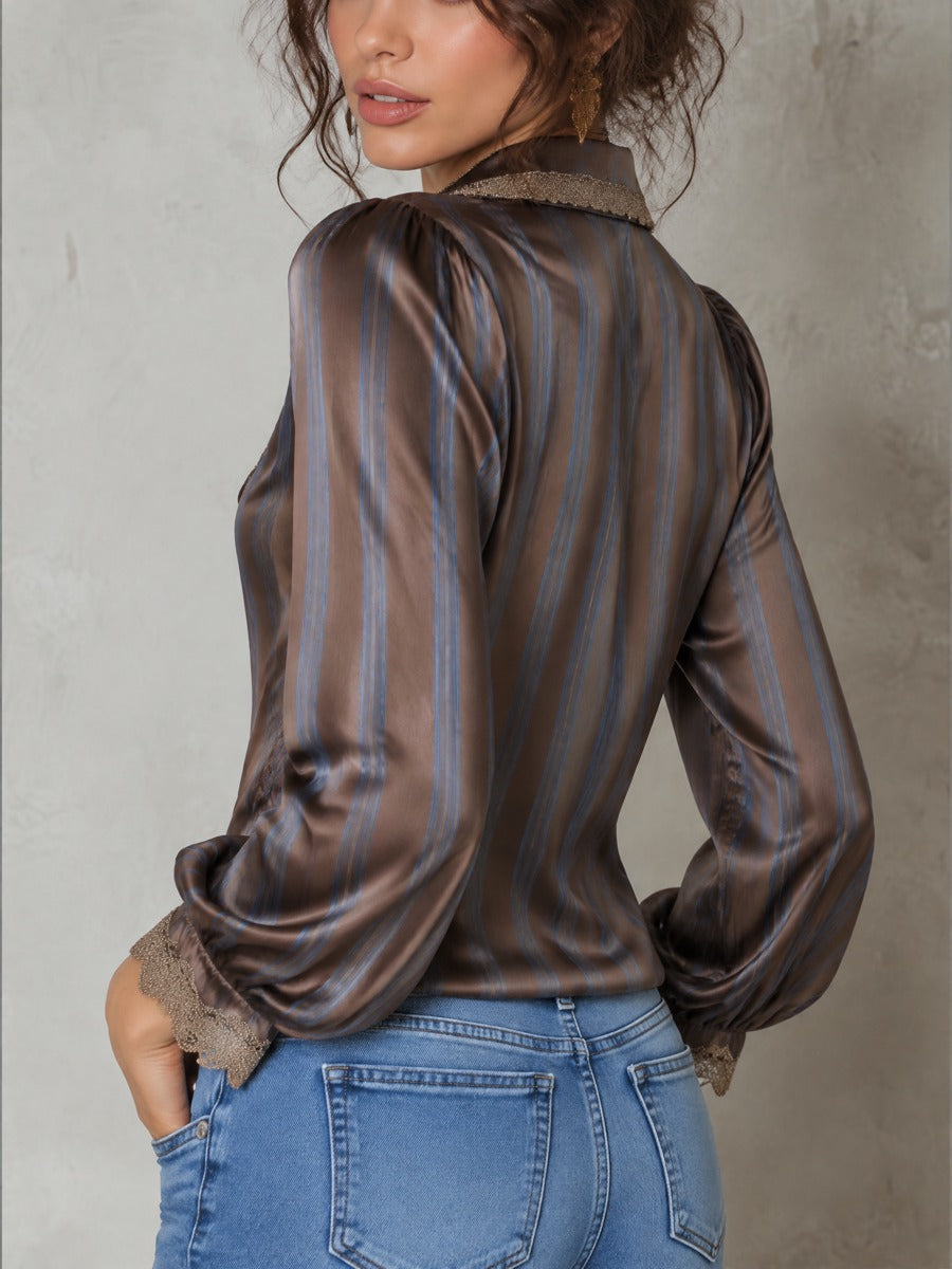 Women's Striped Blouse With Tie Neck Ruffle Lace Trim