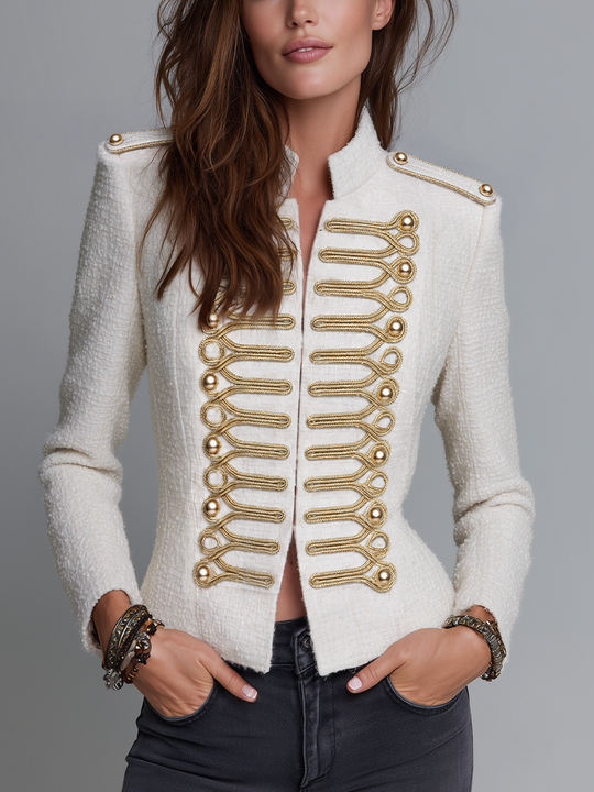 Refined Ivory Gold Braid Military Tweed Jacket