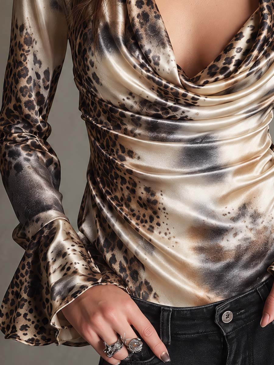 Vintage Leopard Print Satin Cowl Neck Blouse with Ruffle Cuffs