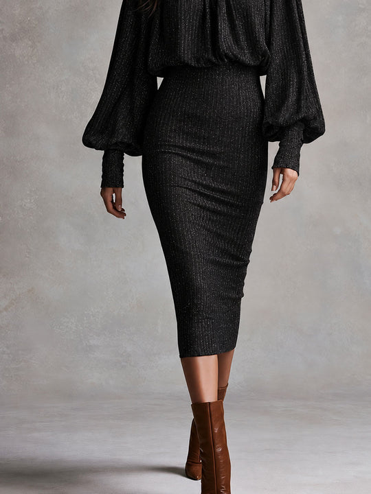 Black Mock Neck Bishop Sleeve Glitter Knit Bishop Sleeve Midi Dress