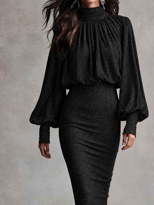 Black Mock Neck Bishop Sleeve Glitter Knit Bishop Sleeve Midi Dress