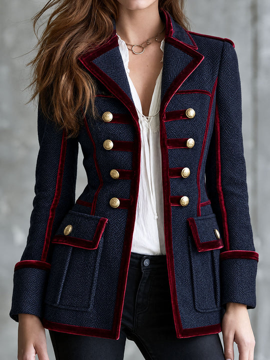 Women's Military Style Herringbone Wool Blazer with Velvet Trim