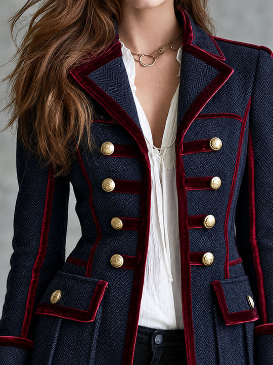 Women's Military Style Herringbone Wool Blazer with Velvet Trim
