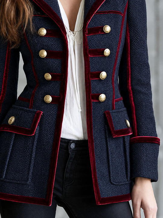Women's Military Style Herringbone Wool Blazer with Velvet Trim