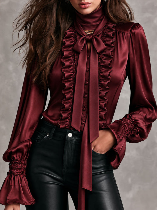 Women's Satin Bow Tie Neck Ruffle Trim Blouse with Bishop Sleeves