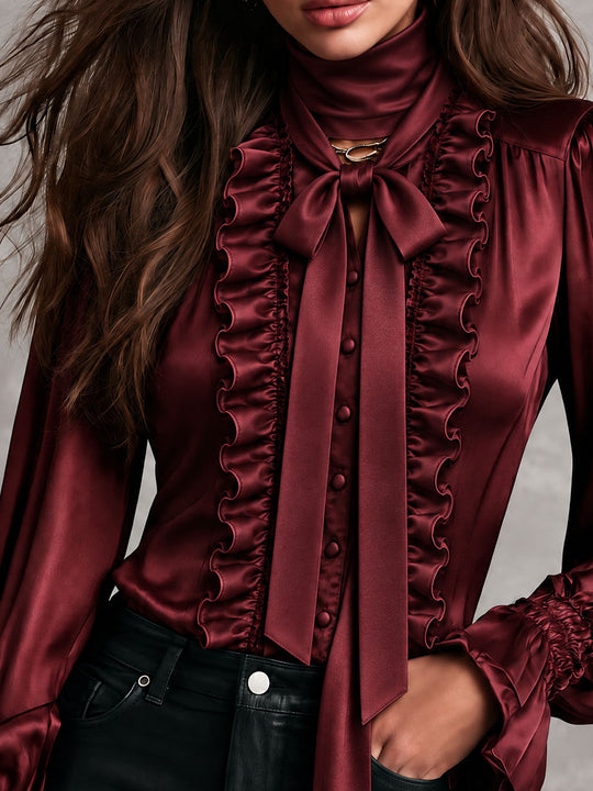 Women's Satin Bow Tie Neck Ruffle Trim Blouse with Bishop Sleeves