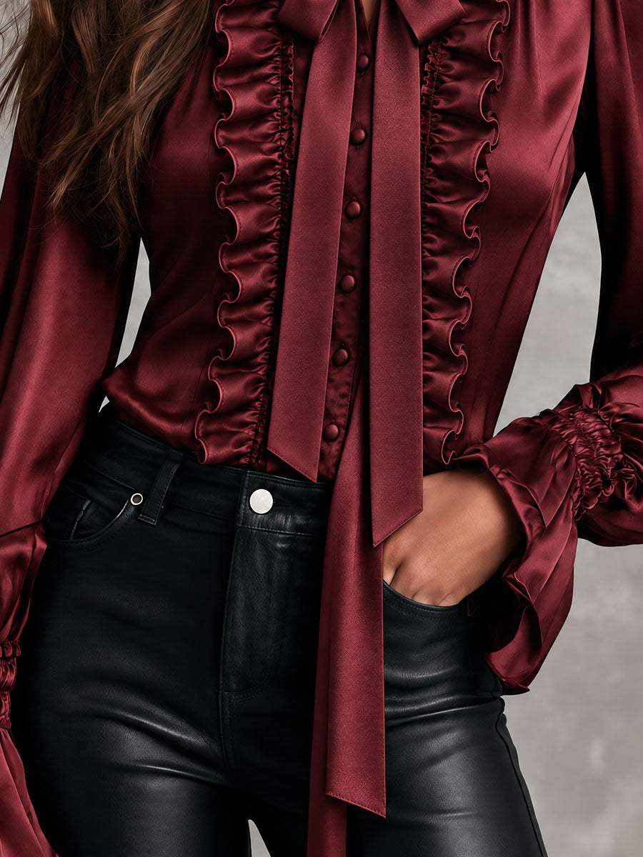 Women's Satin Bow Tie Neck Ruffle Trim Blouse with Bishop Sleeves