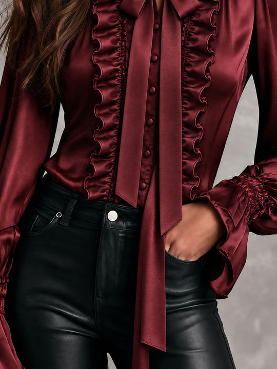 Women's Satin Bow Tie Neck Ruffle Trim Blouse with Bishop Sleeves