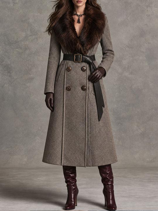 Vintage Herringbone Wool Long Coat With Faux Fur Collar And Belt
