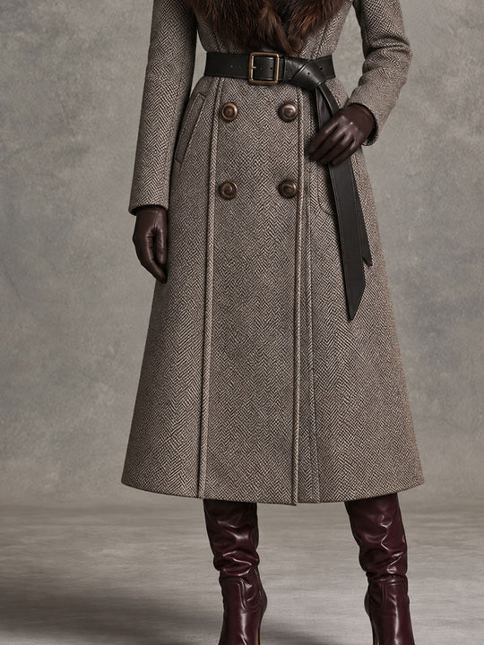 Vintage Herringbone Wool Long Coat With Faux Fur Collar And Belt