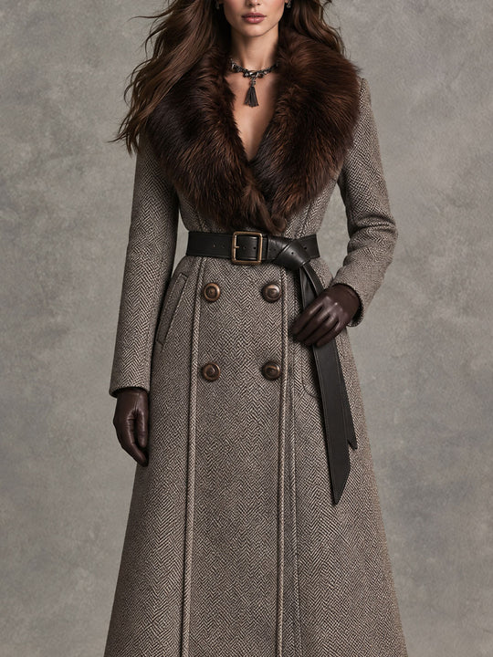 Vintage Herringbone Wool Long Coat With Faux Fur Collar And Belt